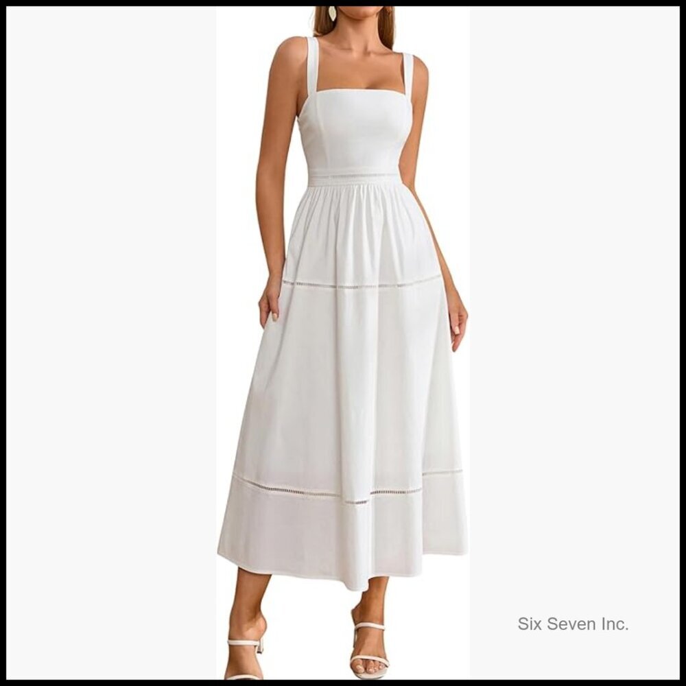 Summer Corset Midi Dress Elegant Square Neck Flowy A Line Wedding Guest - Picture 1 of 7